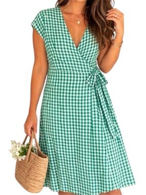 Banana Republic Dress Green Gingham Linen Cotton Seersucker Plaid 6 Cottagecore